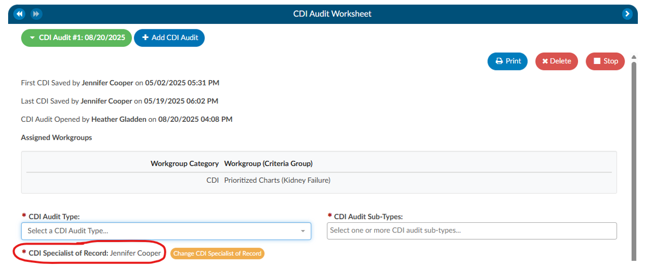 CDI Audit Worksheet Specials of Record
