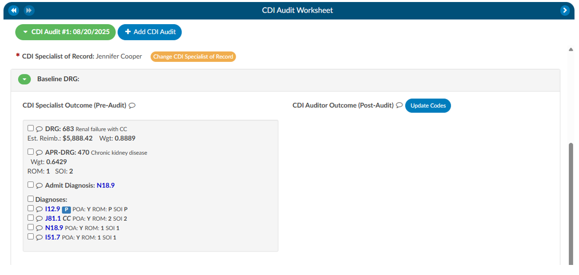 CDI Audit Update Codes