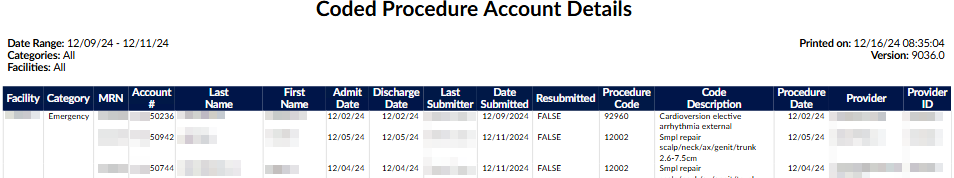 Coded Procedure Account Details Report
