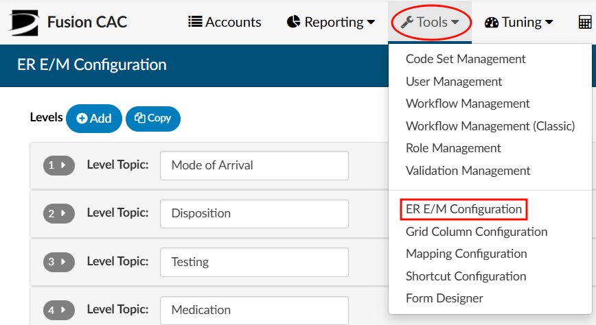 ER E/M Tool Menu