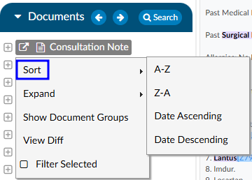 Document Sort Menu