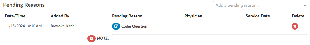 Pending Reason Note