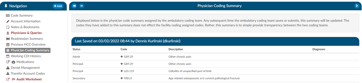 Physician Coding Summary